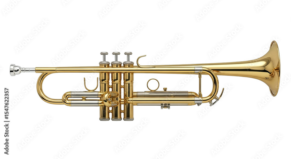 Obraz premium Close-up view of a golden trumpet showcases its intricate design and shining, brassy metal finish.