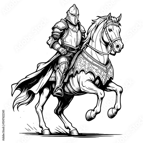 Black and white vector illustration of a knight riding a horse with armor and sword
