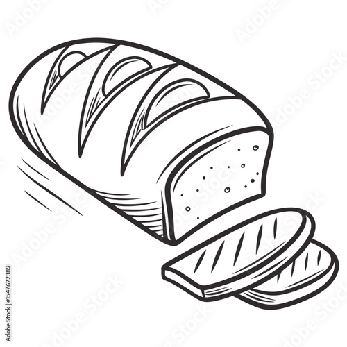 Freshly Baked Bread: A detailed line art illustration of a loaf of freshly baked bread, sliced to showcase its texture, representing the heart of a home-cooked meal. 