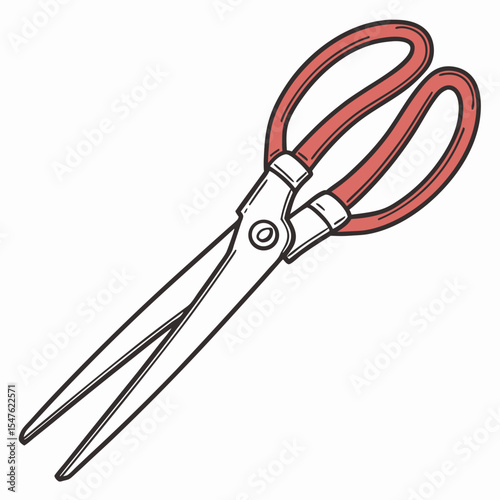 A versatile hand-drawn style vector illustration of a pair of long-bladed scissors or kitchen shears, perfect for conveying themes of cutting, crafting, cooking, and general household tasks.