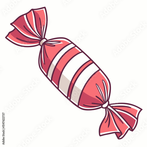 A delightful vector illustration of a wrapped candy with red and white stripes and twisted ends. Perfect for conveying themes of sweetness, indulgence, and fun treats.