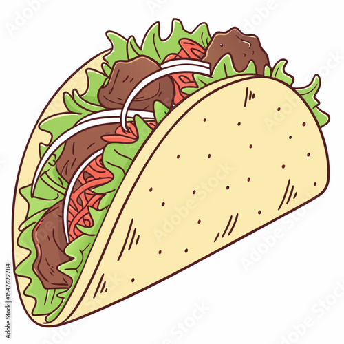 A delightful hand-drawn style vector illustration of a flavorful taco, brimming with meat, lettuce, tomatoes, and onions. Perfect for Mexican restaurants, food blogs, and fast-food promotions.