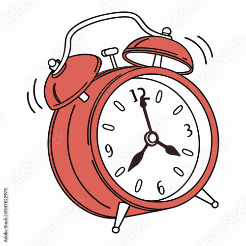 A retro red alarm clock, an old classic object, rings to remind you of the morning hour
