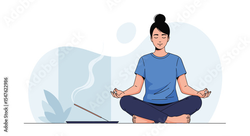 Woman practicing meditation and yoga with aroma stick vector illustration design