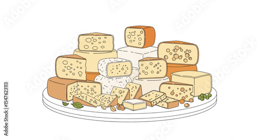 Various cheeses stacked on a plate vector illustration for culinary design