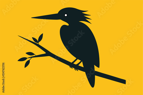 A striking silhouette of a kingfisher bird perched on a branch, set against a vibrant yellow background. Ideal for nature, wildlife, or outdoor themes.