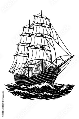 Black and white vector illustration of a classic sailing ship with billowing sails
