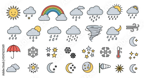 Cute weather icons vector illustration collection forecast meteorology signs natural phenomenon weather elements
