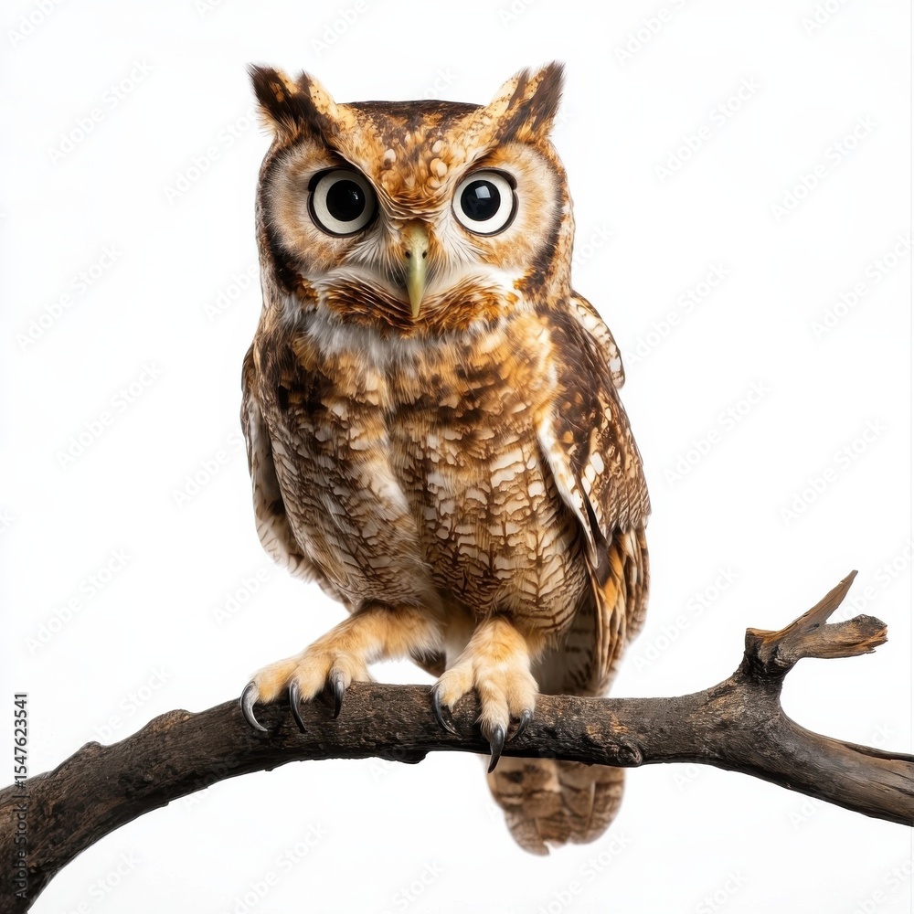 Obraz premium Owl with Wide Eyes Perched on a Branch Isolated on White Background