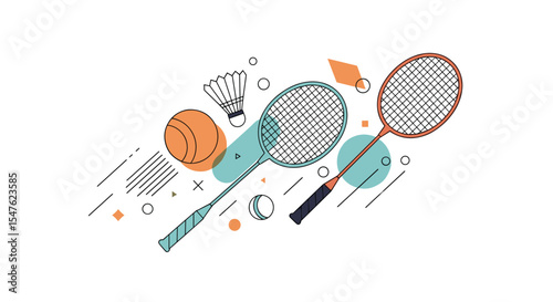 Badminton rackets shuttlecock and ball vector illustration sports equipment background elements design