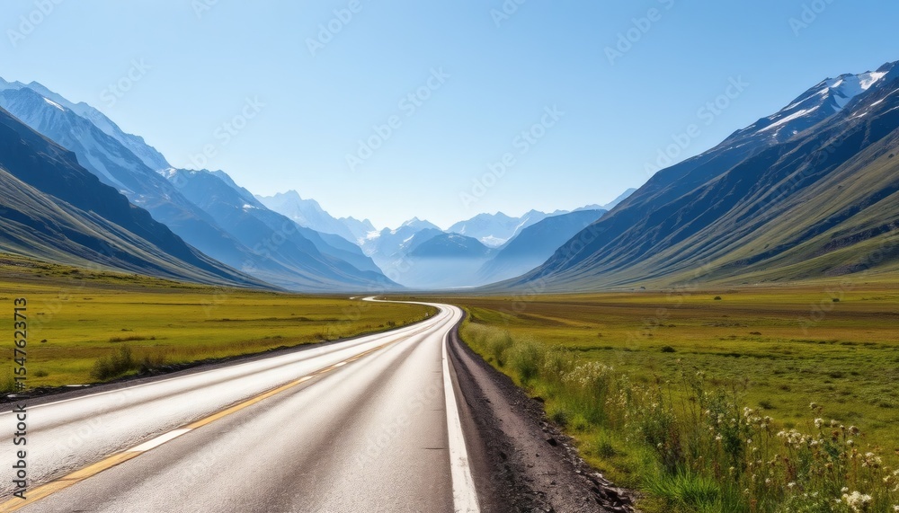 Fototapeta premium Winding Road Through Majestic Mountain Valley Under Clear Blue Sky Landscape