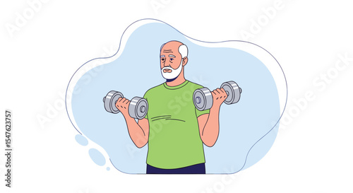 Elderly man exercising vector illustration with dumbbells for promoting health and fitness
