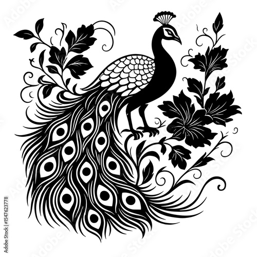 Elegant black and white peacock illustration with intricate plumage, floral accents, and ornamental silhouette design in decorative vector style
