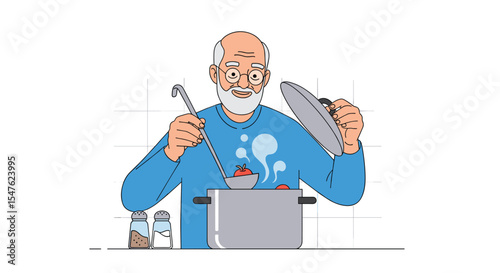 Old man with soup ladle in kitchen cooking food with cooking pot