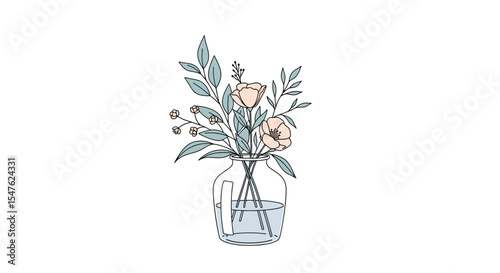 Vector art of floral arrangement in glass vase gentle pastel colored artwork elements