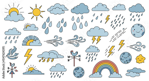 Weather forecast elements vector illustration set of various graphic nature phenomena concepts