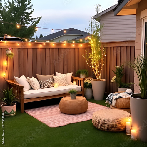 Backyard corner with daybed, soft pillows, fairy lights, and tall planters for a snug setup