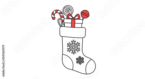 Christmas stocking with gift box candy cane lollipop and snowflake vector illustration