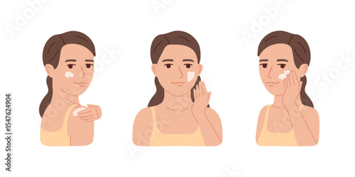 Girl apply sunscreen cream on face. Sun protection concept for summer safety. Skin care and health problems. Flat vector