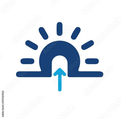 Blue icon of sunrise with upward arrow, symbolizing morning and rising sun
