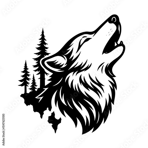 Black and white howling wolf illustration with pine trees, bold wild animal graphic design in silhouette forest style

