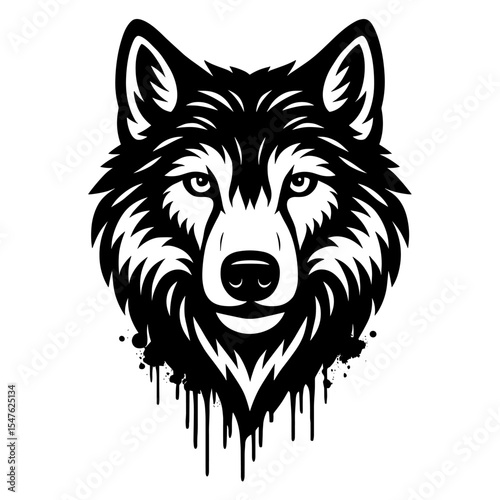 Stylized black and white wolf face illustration with symmetrical features and dripping edge design, bold tribal wild animal graphic
