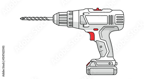Vector illustration of a cordless drill construction tool with battery and drill bit