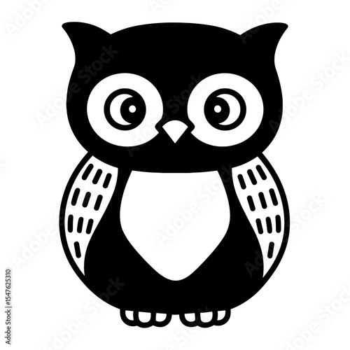Cute black and white cartoon owl with big round eyes and simple shapes, adorable nocturnal forest bird illustration
