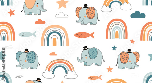 Colorful whimsical animal and rainbow vector illustration for children's decor and textile design