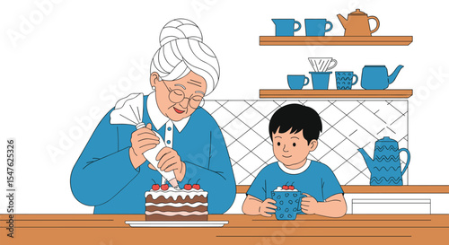 Loving grandmother decorating cake with grandson vector illustration for print and web