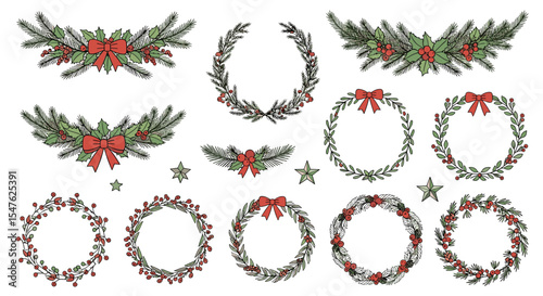 Vector illustration holiday christmas floral wreath set for greeting card decoration background