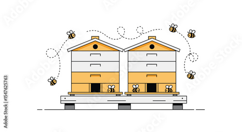 Vector illustration of two beehives with bees flying around them in a garden