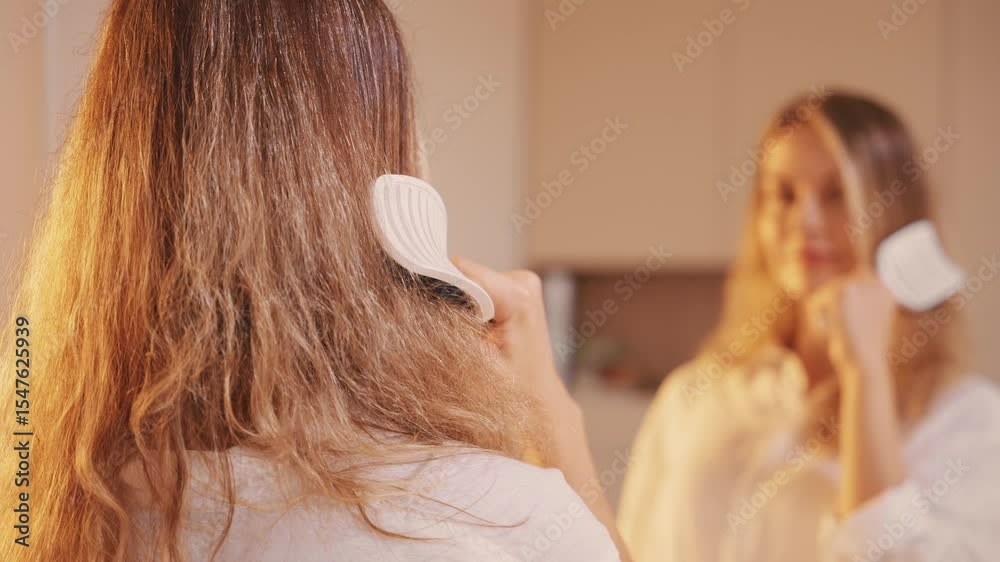 blurry silhouette woman combing her blonde hair looking at mirror reflection, comb gets tangled curls. Girl strands brushing, can't combs dry porous wavy long bleached damaged hair breaks. back view
