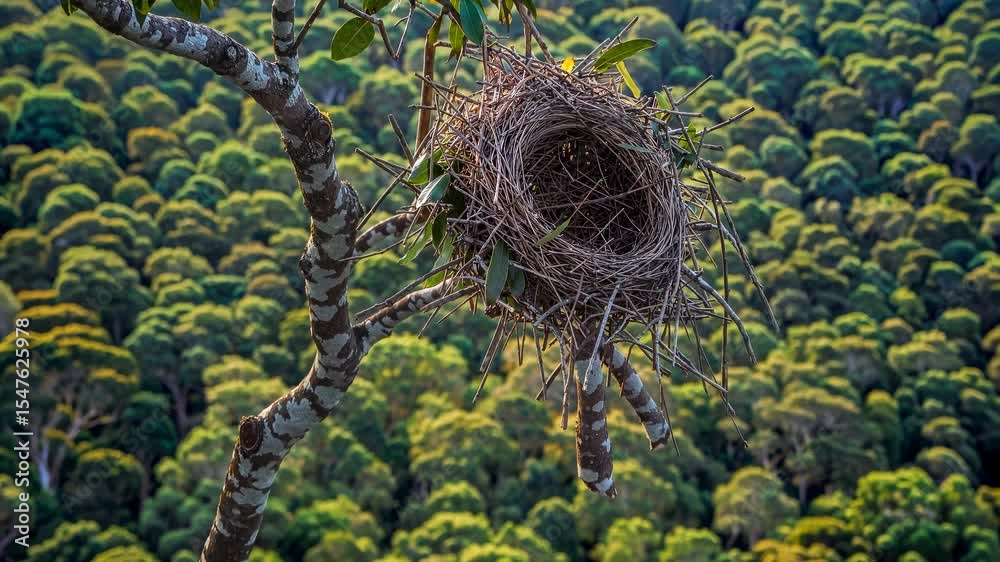 Bird's nest in middle of the forest. Nest of a tree in the forest. A giraffe in a habitat with wildlife elevated above it. A nest located in the center of the woods lifestyle.