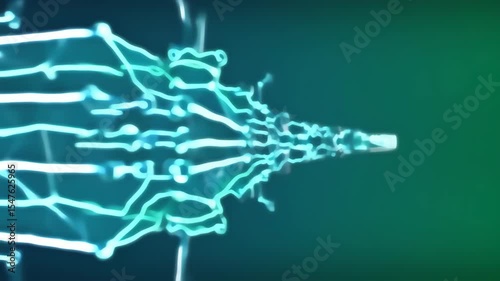 Abstract Blue Energy Flow, Dynamic Lines and Nodes on Green Gradient Background.
