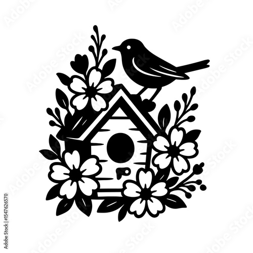 Charming black and white illustration of bird on birdhouse surrounded by blooming flowers, rustic spring garden scene
