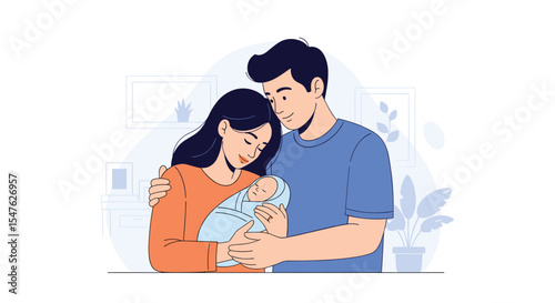 Loving family vector illustration featuring a mother father and newborn baby at home