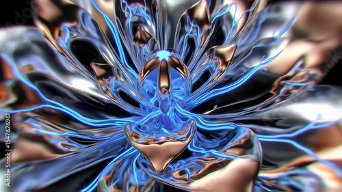 Cybernetic Bloom, Metallic Flower Neon Veins Abstract 3D Animation.