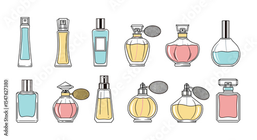 A variety of perfume bottles in vector style for beauty product design