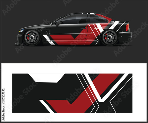 Dynamic abstract racing car wrap design with green blue and white flowing graphic elements