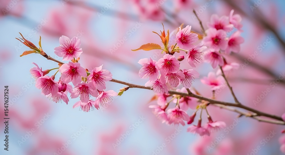 Close-Up of Cherry Blossom Branch with Pink Flowers Against Blue Sky, Beautiful Spring Sakura Bloom, Nature Floral Background for Seasonal, Tranquil, and Botanical Designs Close-Up of Cherry Blossom Branch with Pink Flowers Against Blue Sky, Beautiful Spring Sakura Bloom, Nature Floral Background for Seasonal, Tranquil, and Botanical Designs