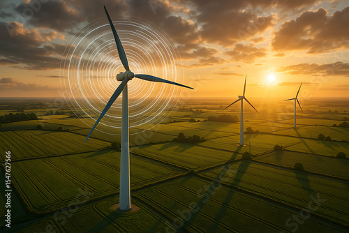 Wind Turbines on Green Hills with Airflow Holograph – Renewable Energy Generation in Eco-Friendly Landscape Under Blue Sky

