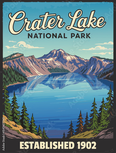 Camping and hiking poster with lake and mountains. Vector illustration.
