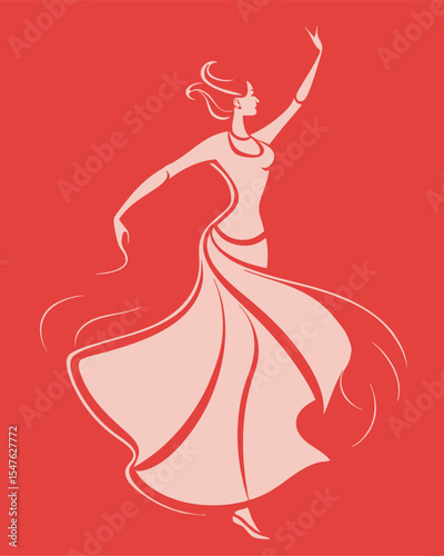 Beautiful woman dancing flamenco on red background. Vector illustration.