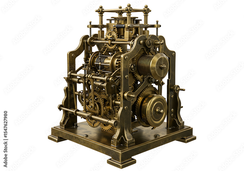 Fototapeta premium A complex brass clockwork mechanism with gears and springs on a square base set against a black background