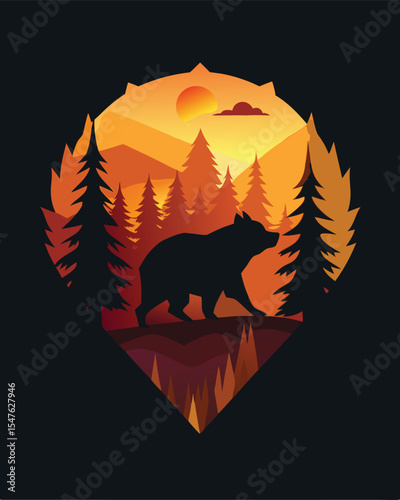 Bear in the forest at sunset. Vector illustration for your design.