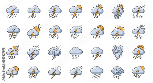 Vector illustration set of meteorological weather icons representing storms rain lightning and sunshine