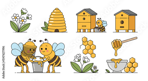 Vector illustration with honey bee hive flowers and honey making process elements