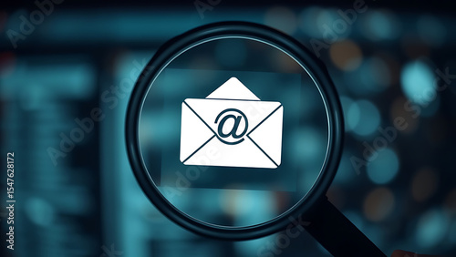 Email Verification and Filtering Concept A magnifying glass focusing on a verified email icon with e photo