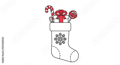 Holiday stocking with gifts candy cane and lollipop vector illustration design